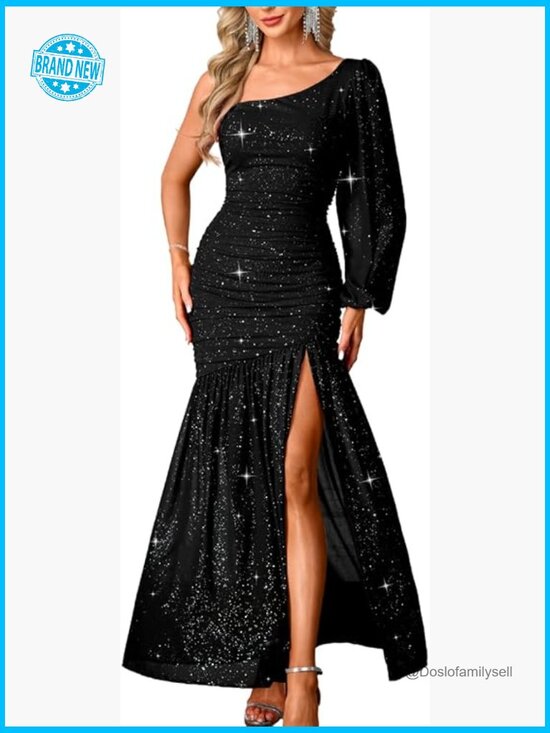 Dresses & Skirts - Sparkly Sequin Prom Dress One Shoulder Ruched High Slit Formal Evening Gown